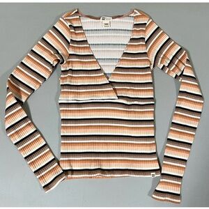 Billabong Orange Striped Ribbed V-Neck Long Sleeve Shirt Top Blouse Tee Size XS✨